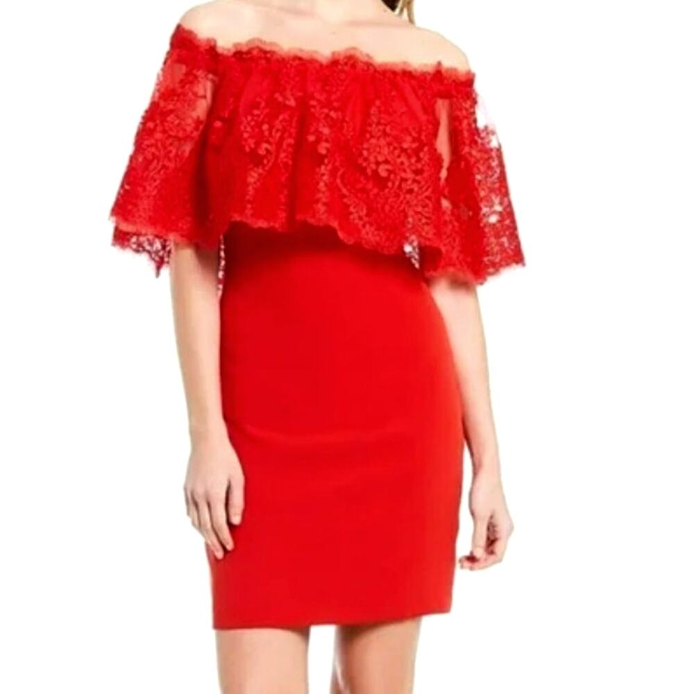 BADGLEY MISCHKA NWT Size 6 Red Mini Dress Red Lace Off Shoulderā Party Cocktail